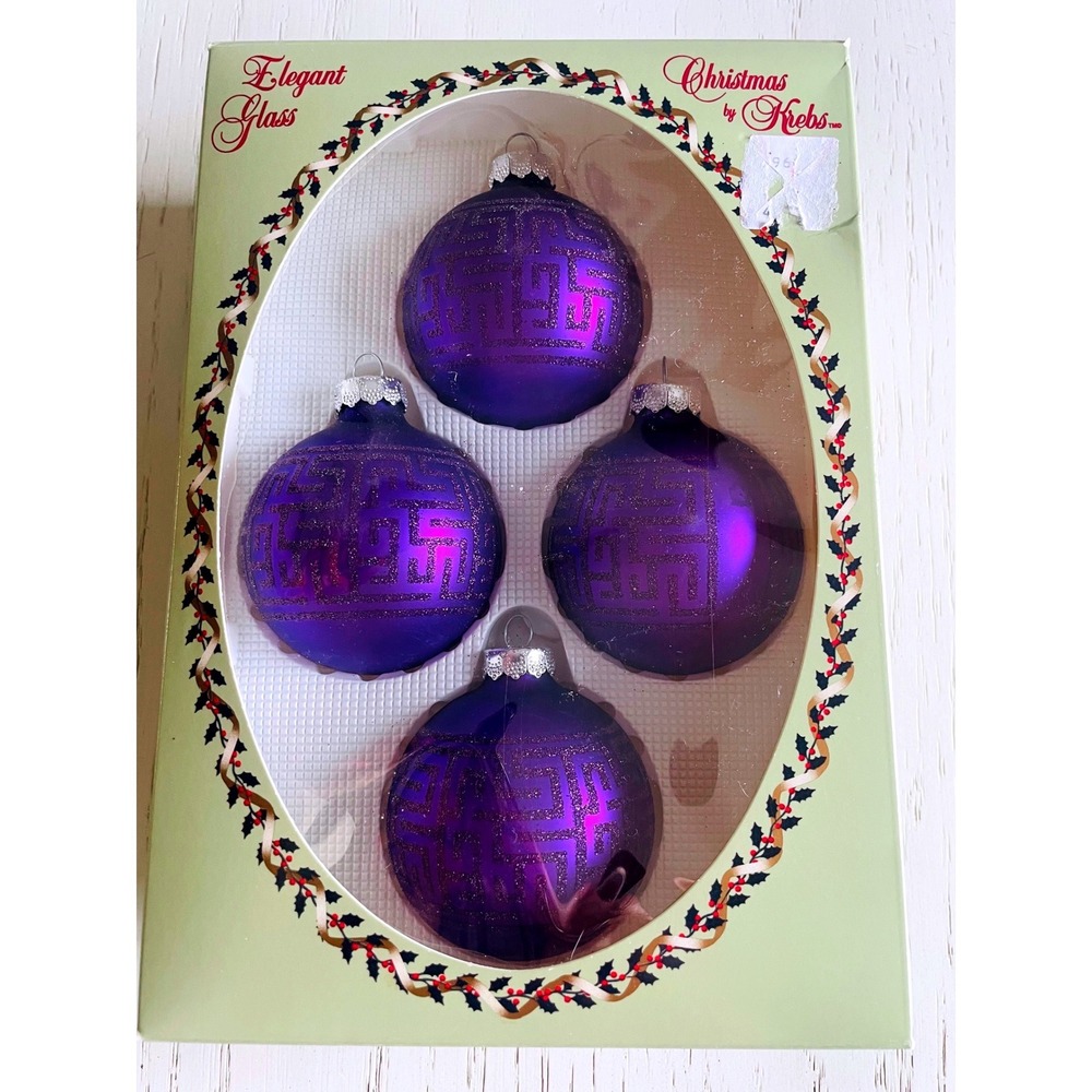 Vtg Christmas by Krebs 4pc Glass Ornaments Purple Maze Pattern Designer Glass